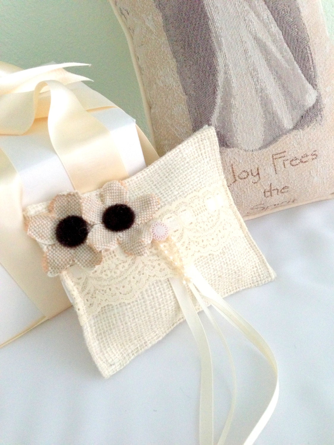 Burlap & Lace Bridal Pillow,  Wedding Rings, Rustic,  Black Eyed Susan Flower, Ring Bearer, Wedding, Farm Wedding, Rustic