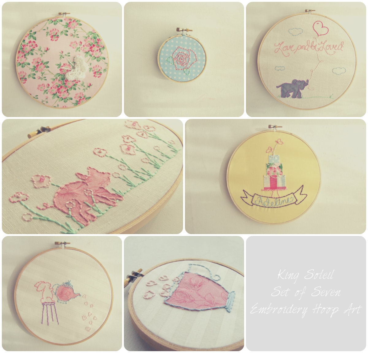 Custom Nursery Art Embroidery Hoop Set of Seven Vintage Inspired Wall Art Design your Own One of a Kind Personalized Shabby Chic Cottage