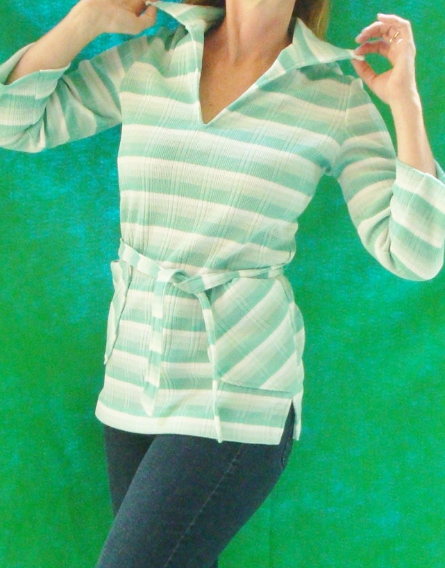 SALE - 70s Tunic Top. Spring Trends Green and White Striped Shirt Belted Vintage Union Tag Size S/M
