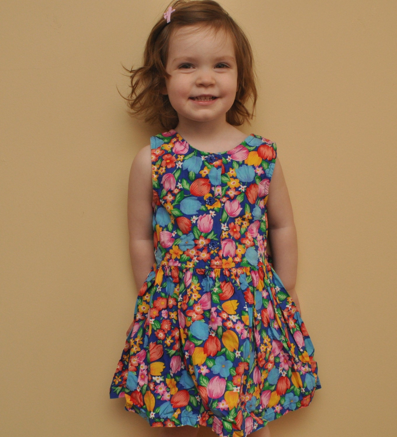 vtg 90s bright floral toddler dress, open back with bows, size 2-3t