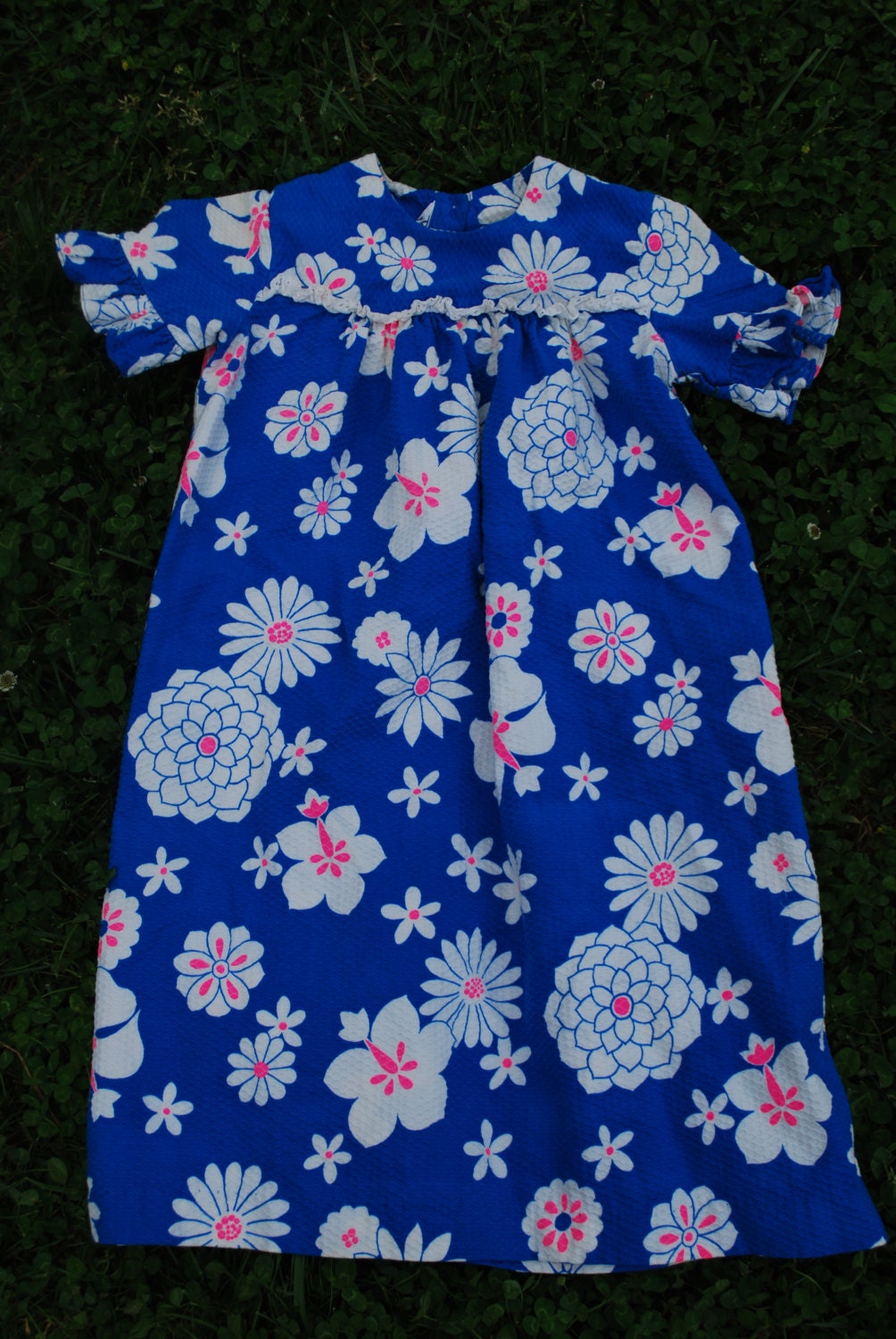 Vintage 70's Jacqueline of Hawaii Girls' Muumuu Dress- Mod Blue with White and Neon Pink Flowers