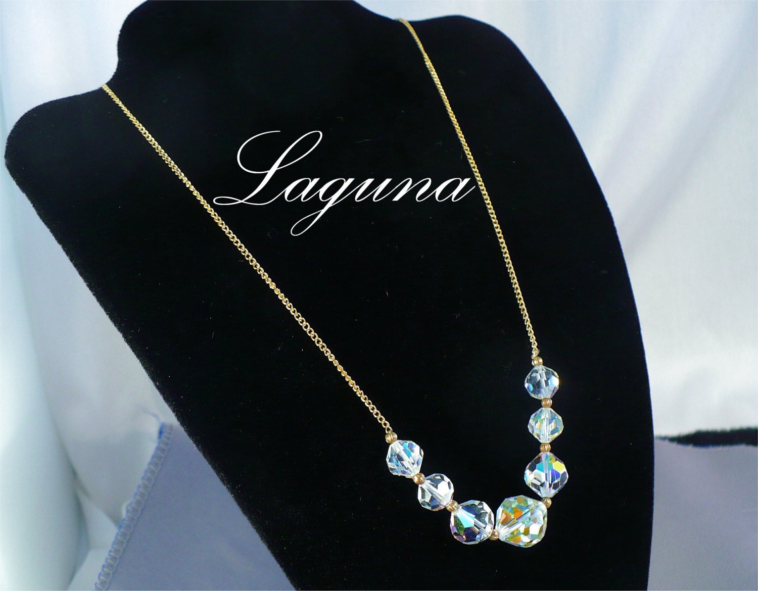 Vintage LAGUNA AB Crystal & Gold Chain Choker, Old New Stock