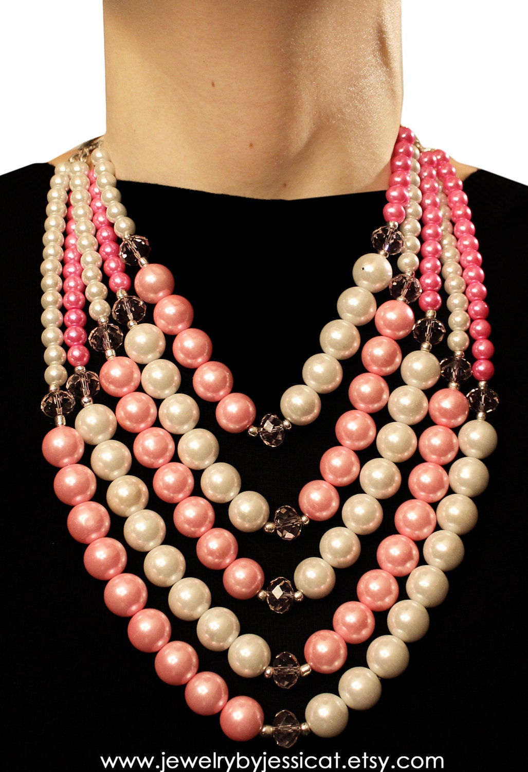 CLASSIC, Statement Necklace, Pink, White, Color Block, Pearls, Crystals, Bold, Stones, Jewelry by Jessica Theresa
