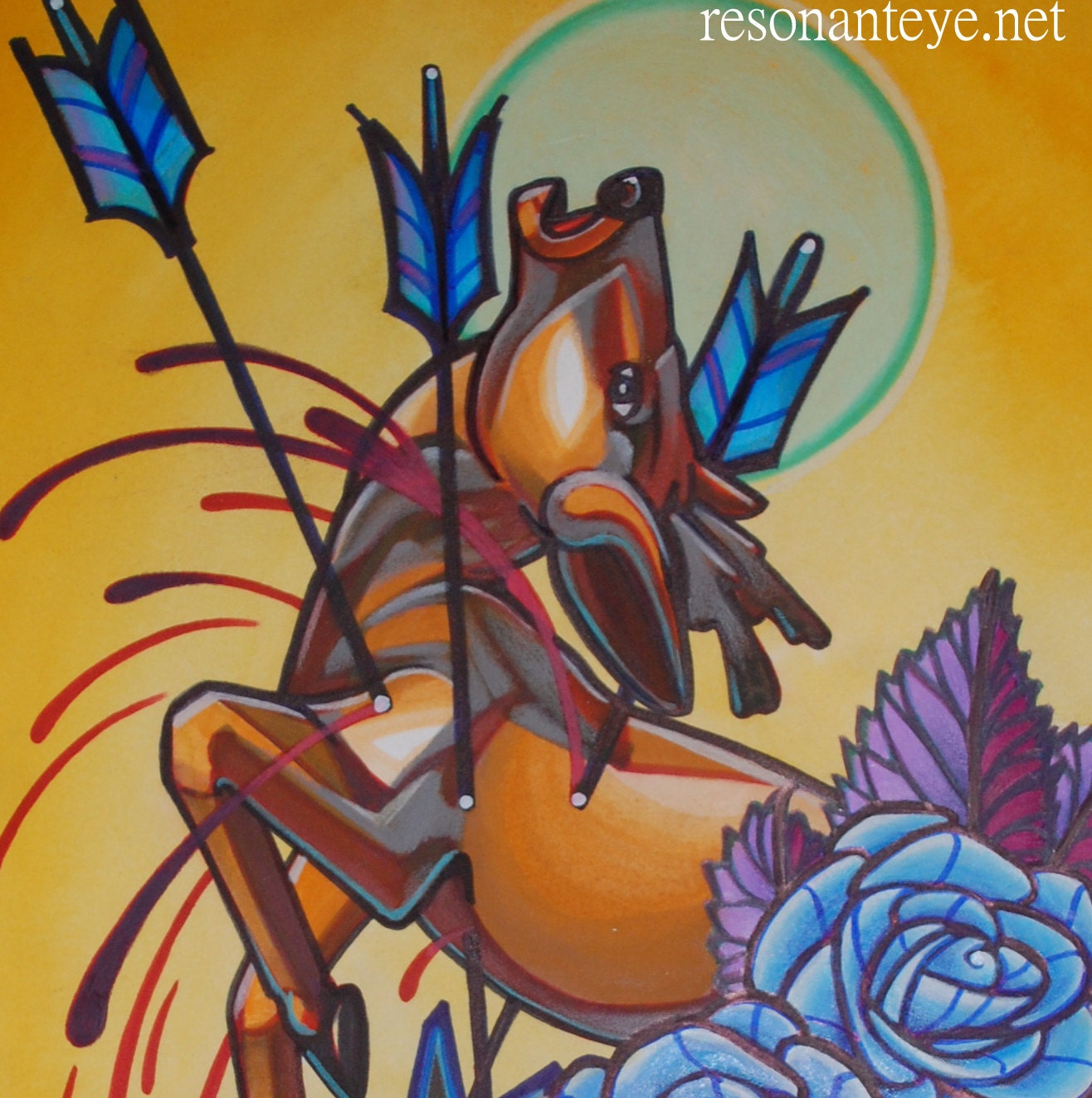 stricken deer: stag tattoo art, deer with arrows and blue roses