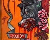 russian wolf painting, cyrillic, russian saying, wolf art, wolf art. tattoo flash print: the wolf is fed by its feet
