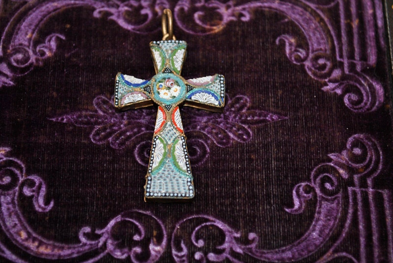 Antique Napoleon III, MicroMosaic Cross, rare Catholic collectible, Christian religious treasure, Exquisite