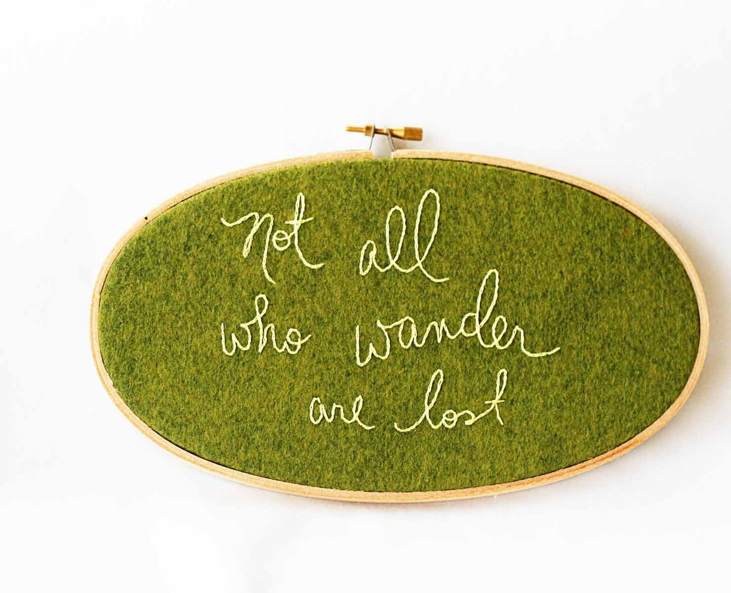 Olive green embroidery hoop / not all who wander are lost / rustic home decor / outdoor inspired art / hoop art quote