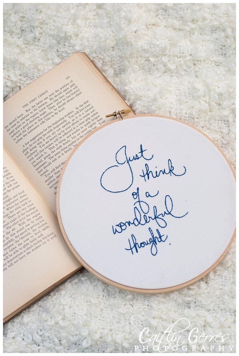 Blue embroidery hoop art / wedding decor / white fabric wall hanging / peter pan quote / 6 inch size / custom made