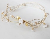 Bridal headpiece, clay flower crown, tiara, gold leafs - wedding floral headpiece with rhinestone, ANNIE