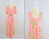 Vintage Peignoir and Nightgown Set - 1960s Neon Pink and Green - Small Medium