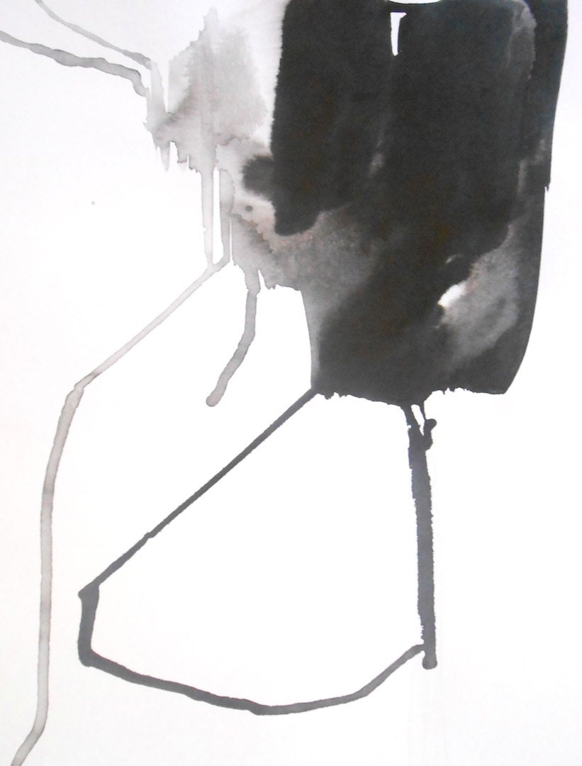 Original OOAK Black and White Abstract Ink Wash Painting 11.7x16.5 "Entity 014"