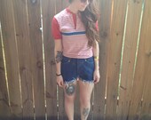 Vintage 70s Athletic Short Sleeve Red, White and Blue Stripe Button Up Shirt Size XS/SMALL