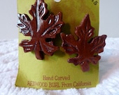 60's Hand Carved Redwood Burl From California Maple Leaf Brooch Set