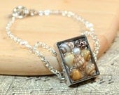 Shells & Pearl in Resin Pendant Chain Bracelet - Real Miniature Shells Arranged in Glossy Wet-Look Resin, Freshwater Pearl Accents