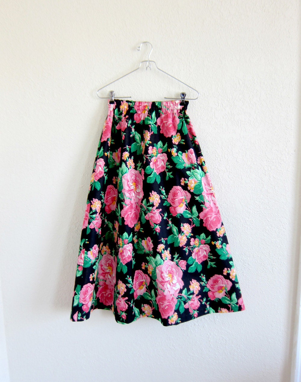 vtg 80s high waist PINK ROSES cotton midi skirt