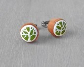 Wood Stud Earrings - Green Tree Faux Plug Fake Gauge with Surgical Steel backs
