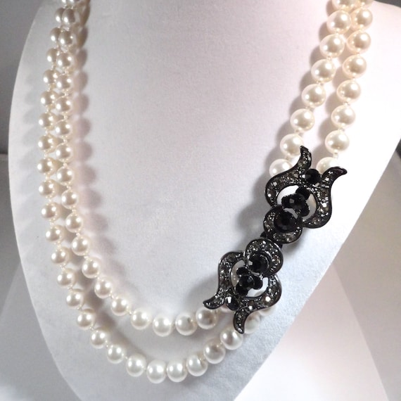 SALE-Pearl Bridal Necklace, Hand Knotted Pearls, Double Strand Necklace with Vintage Style Rhinestone Clasp