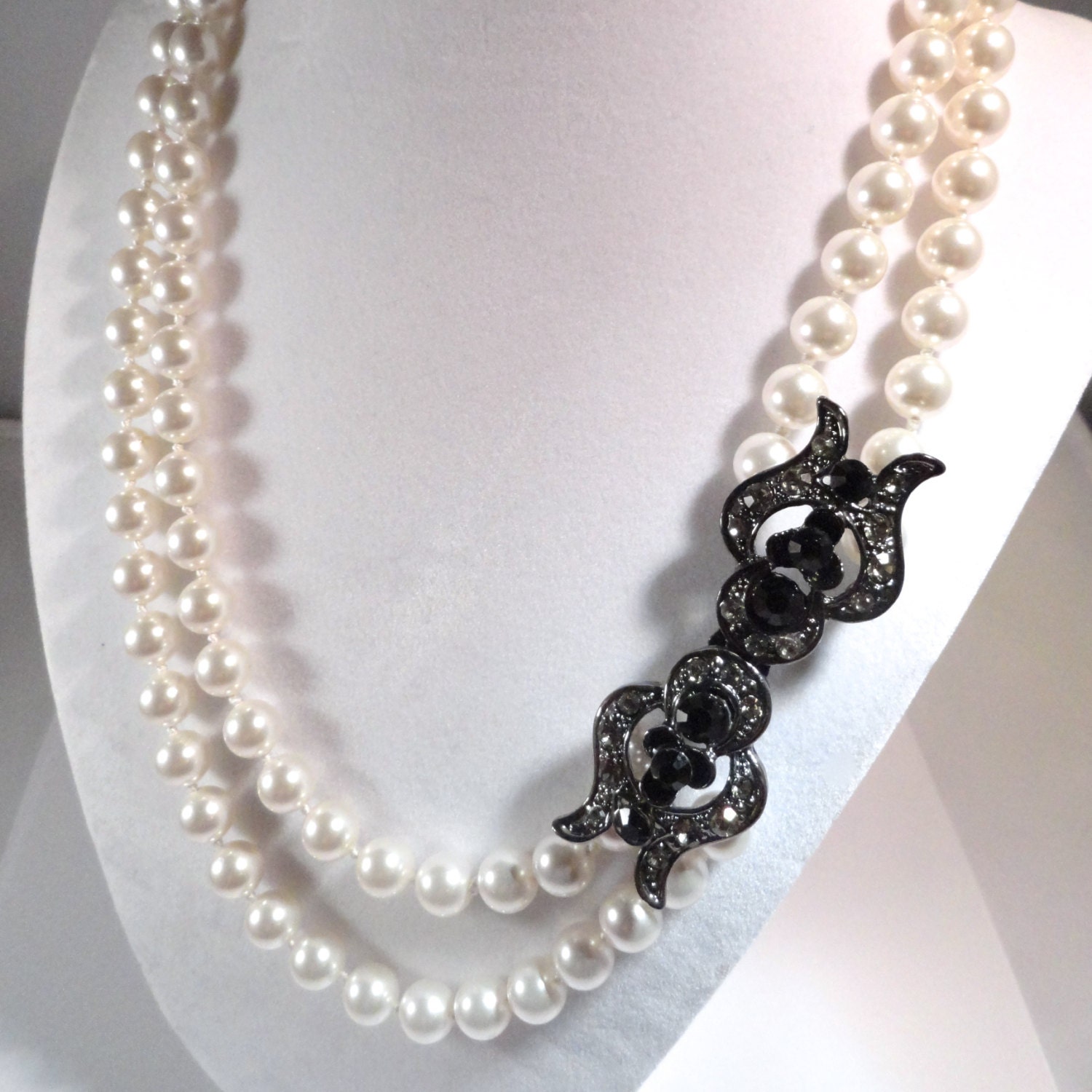 SALE-Pearl Bridal Necklace, Hand Knotted Pearls, Double Strand Necklace with Vintage Style Rhinestone Clasp