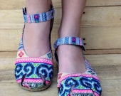 Blue And White Hmong Embroidered Mary Jane Espadrille Vegan Womens Shoe