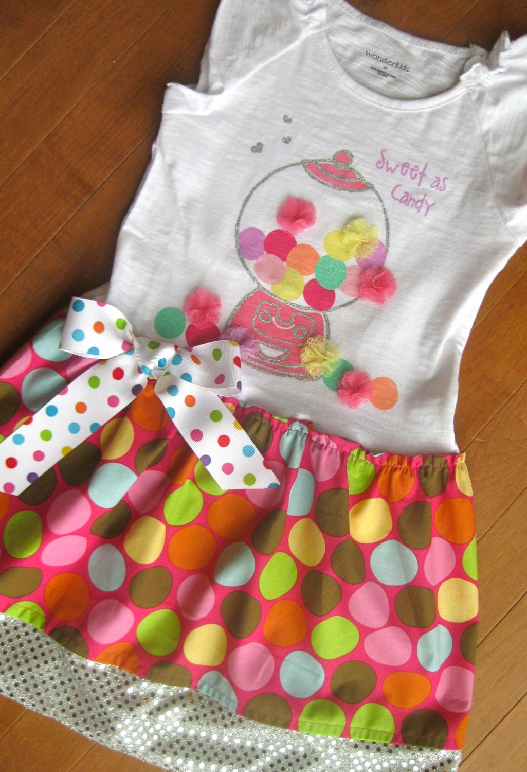 Gumball Dress Girls Upcycled Shirt Candy Gum ball Rainbow Polka Dot 4T 5T 6