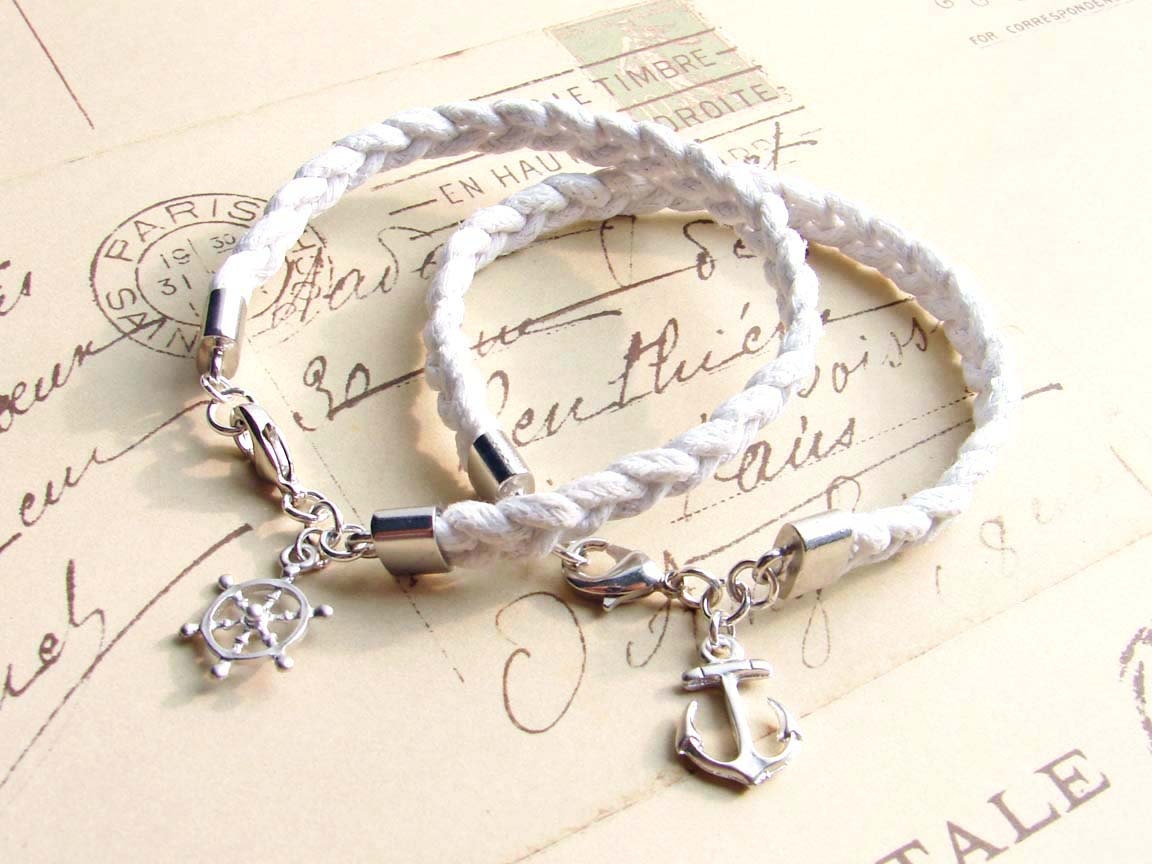 Nautical Bracelet. Braided White Waxed Cotton Cord with Silver Anchor or Helm. Summer Fashion. Simple Modern Jewelry by Smallbluethings