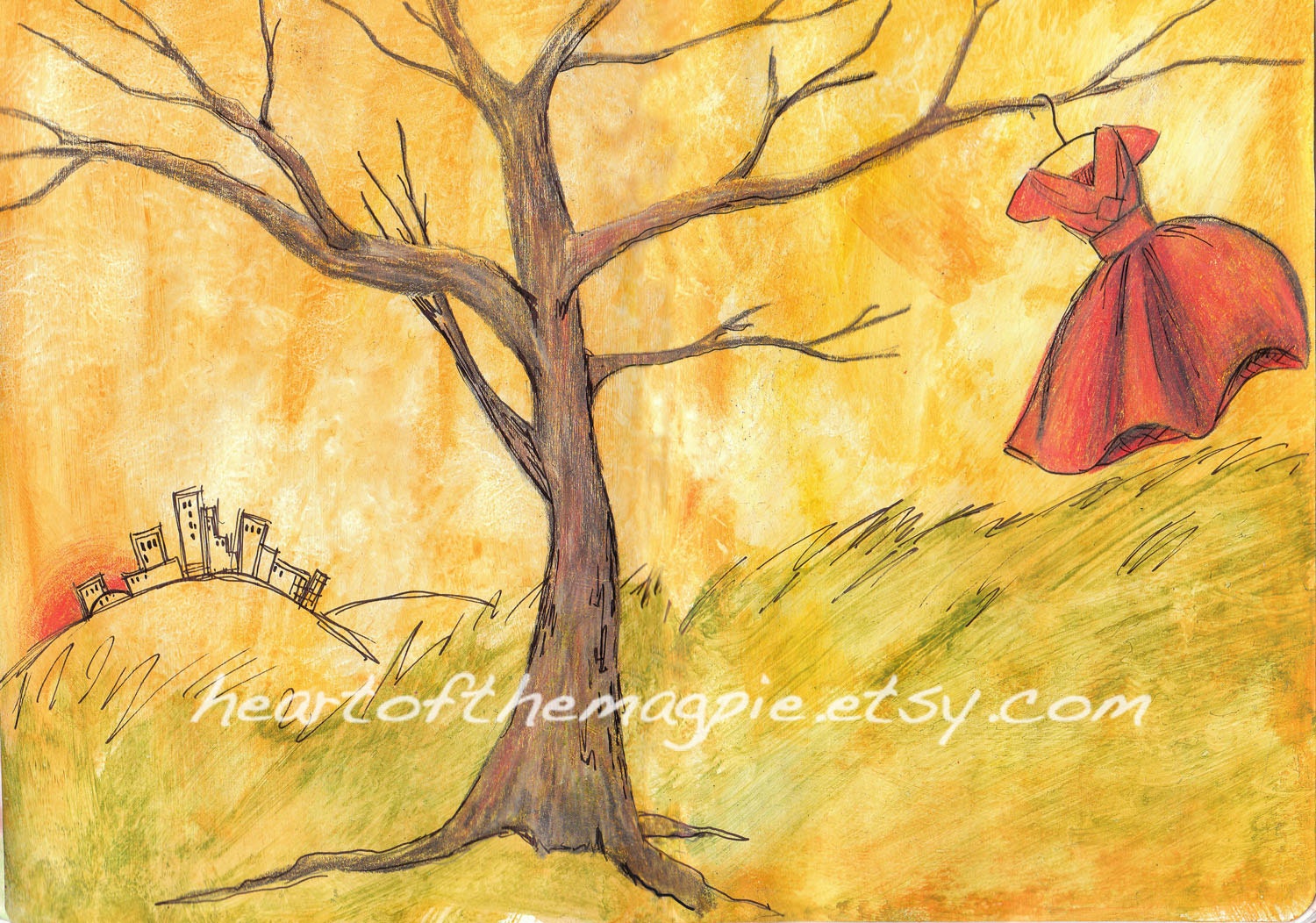 Postcard - Party Dress - Orange Yellow - Handmade Postcard - The Sketchbook Project Art Journal Page - 4 x 6