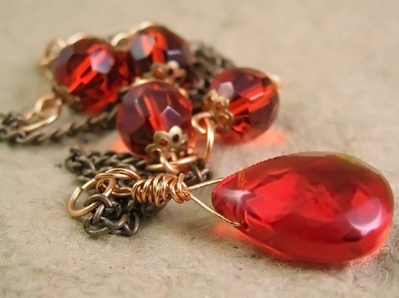 Red glass necklace with copper chain. Victorian style handmade jewelry