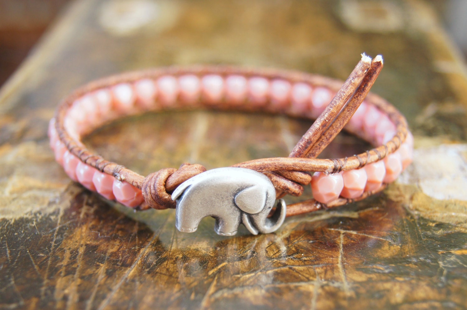 Pink Leather Beaded Wrap Bracelet with Baby Elephant Button Boho Bohemian Shabby Chic