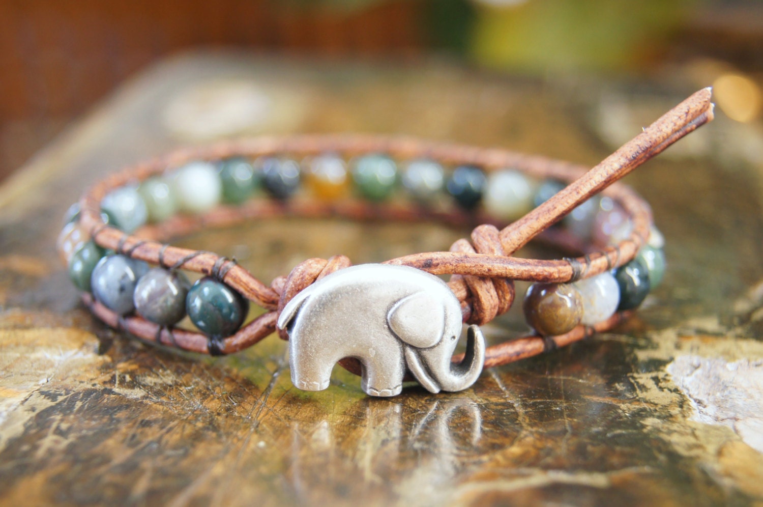 Leather Beaded Bracelet Boho Bohemian Shabby Chic Baby Elephant Button