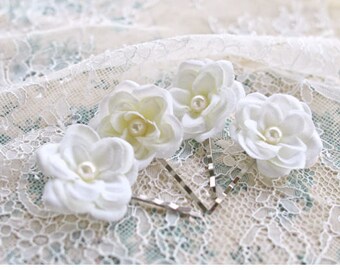 Bridal WHITE Rose Flower Bobby Pins (4 pcs)  Rose Bobbies Small Hair Flowers White Pearls Rustic Woodland Floral Hair Accessories