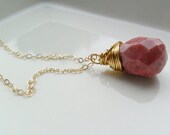 Pink and black rhodonite teardrop gemstone pendant 14ct gold filled chain necklace