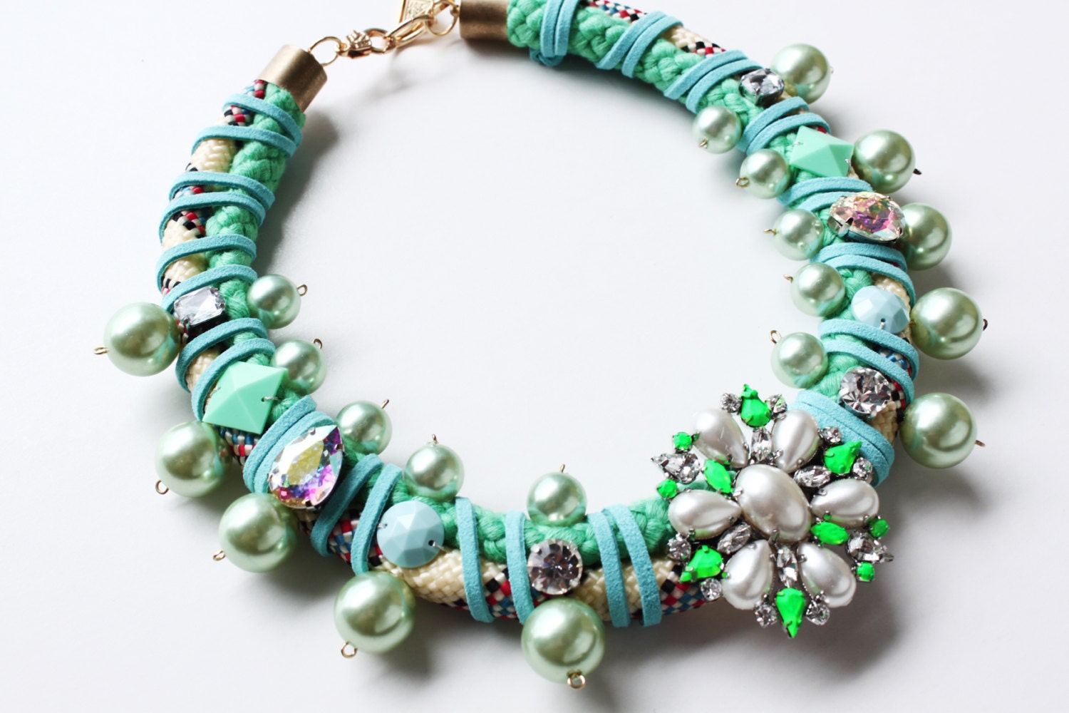 Darling, pastel tribal rope necklace with pearls rhinestones, collar, mint green, SS13, colorful, quirky, unique statement necklace, OOAK