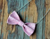 mini bow tie necklace : pink and silver one of a kind, ready to ship fabric bow necklace
