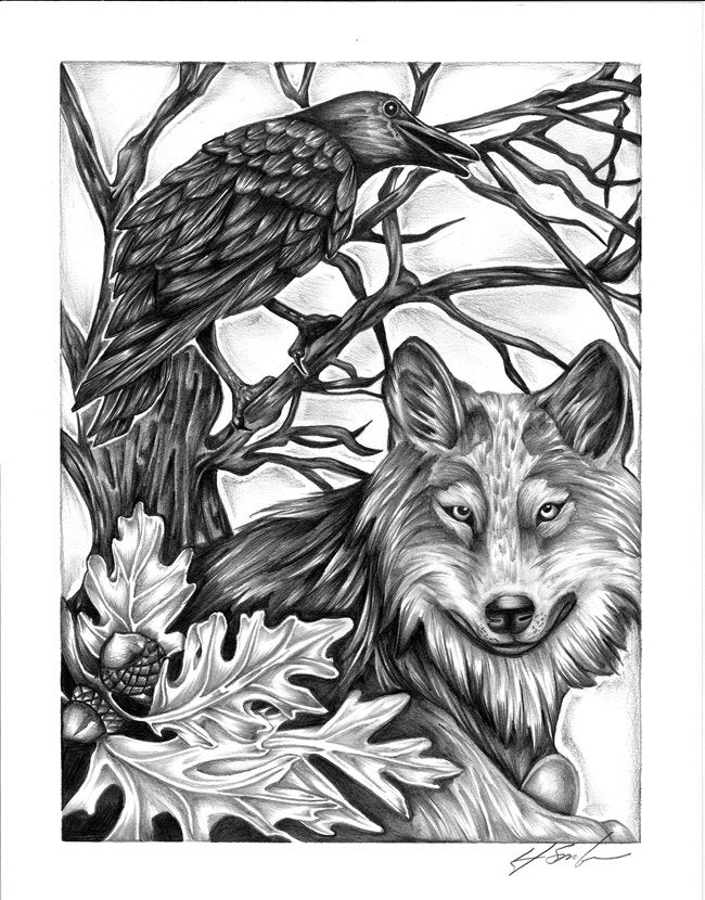 Wolf and crow giclee art print 11x14"