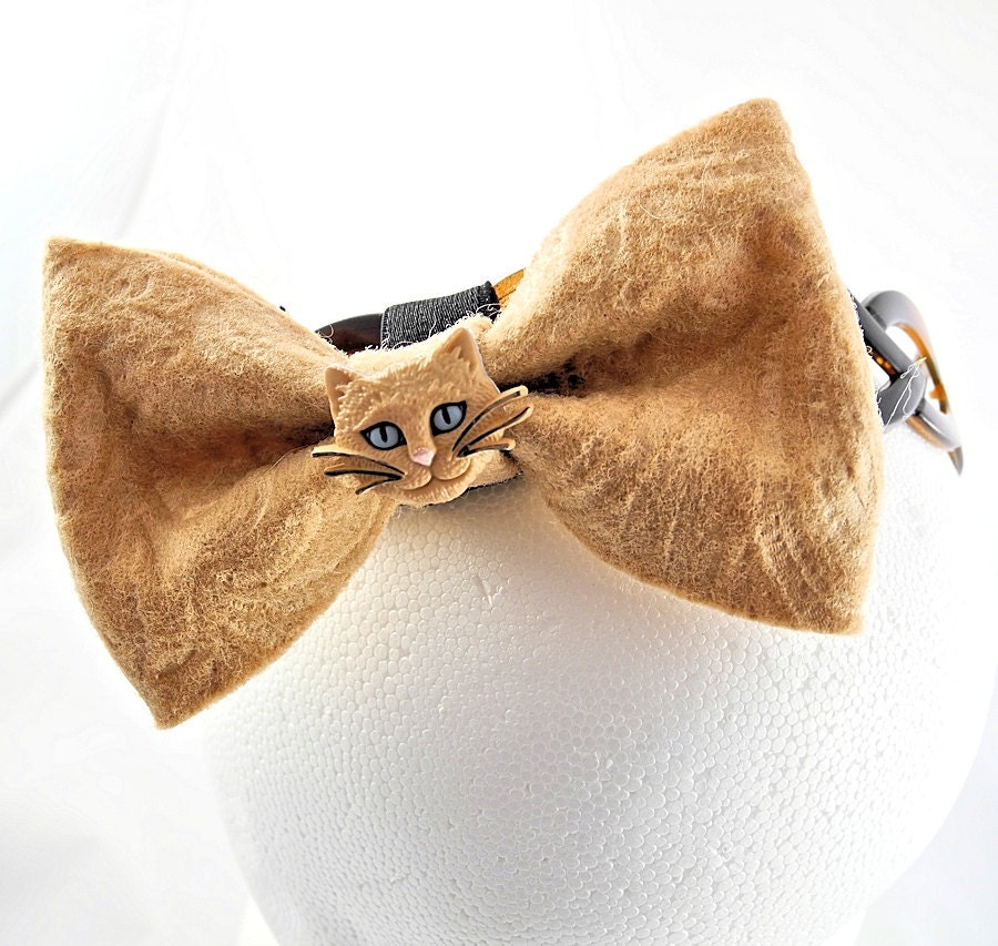 Handcrafted Embossed Felt Bow on Headband - Cat's Meow - Removable - Convertible - Browns - Blue Eyes