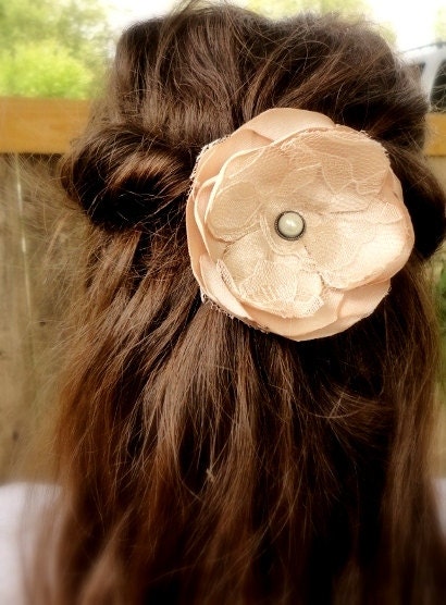 Champagne Flower Hair Clip, Lace Bridal Fascinator, Romantic Vintage Wedding Accessories, Satin, Pearl, Bridesmaid Nude Blush