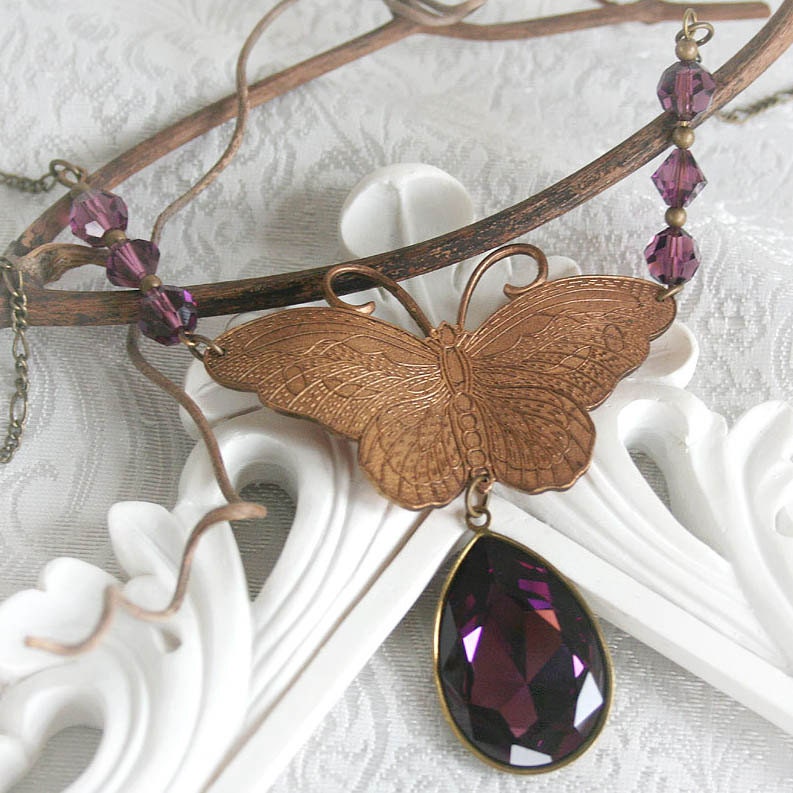 LIKE A BUTTERFLY beautiful butterfly necklace with amethyst Swarovski crystal, ready to ship