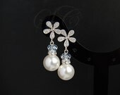 Bridal pearl earrings - Swarovski pearls and crystals and rhodium plated cz detailed flower posts FREE SHIPPING