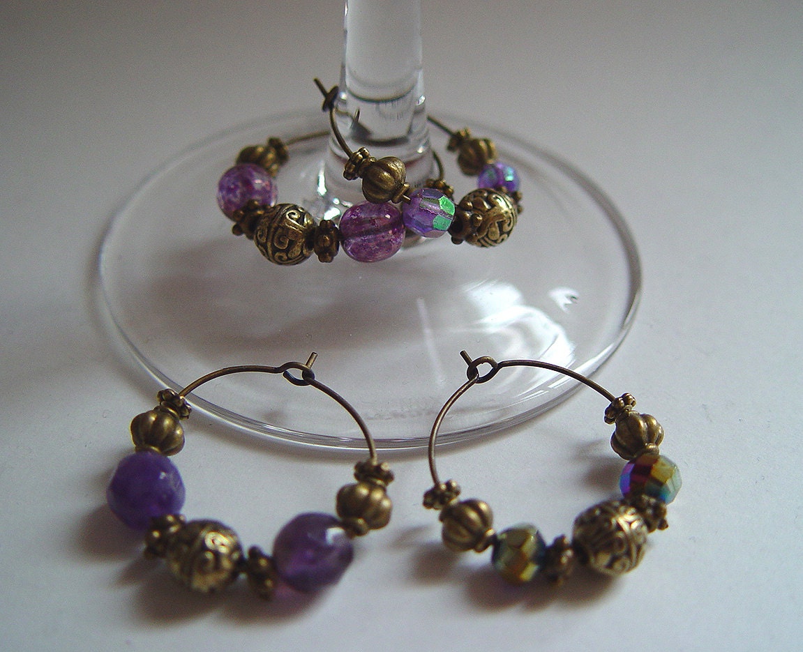 Antique Bronze Vintage Asian Inspired Deep Purple Passion Set of 4 Wine Glass Charms