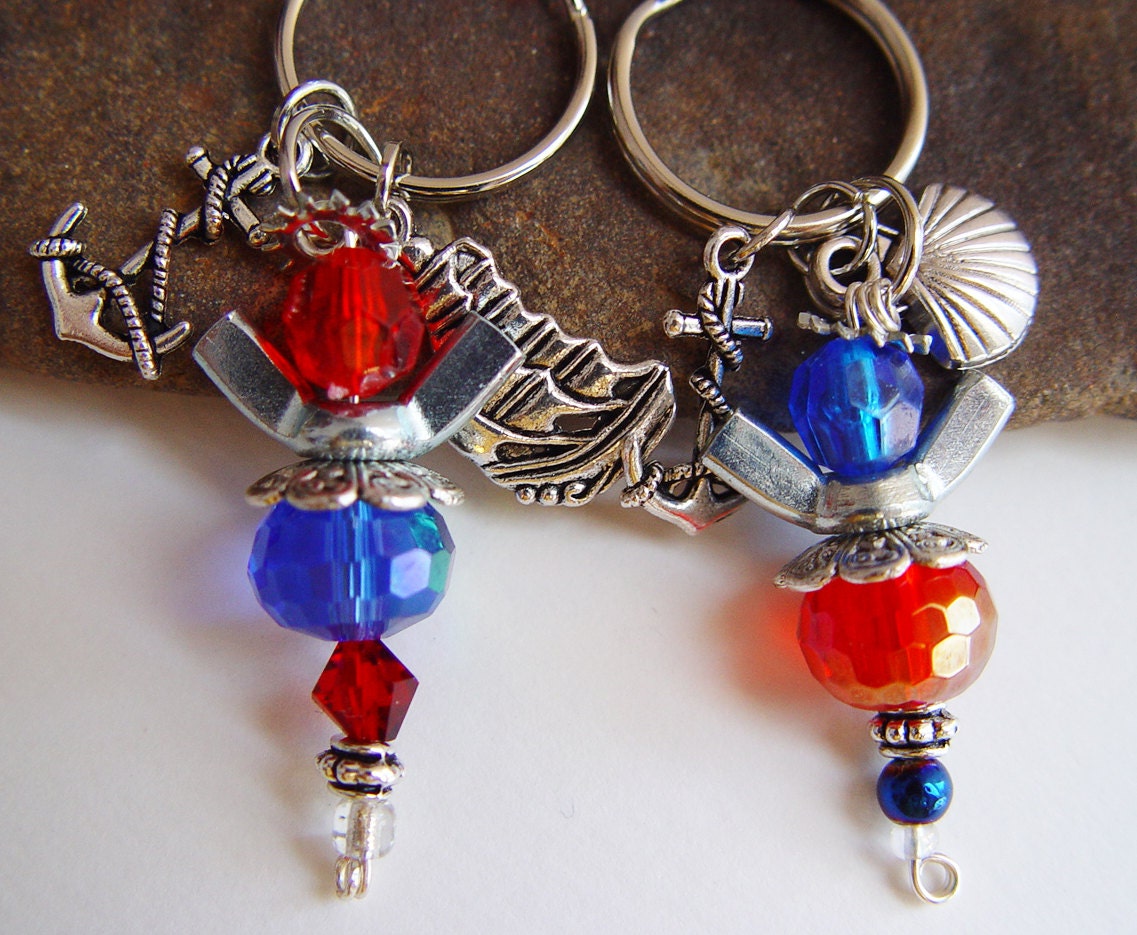 Red & Blue Beaded Silver Wingnut Nautical Angel Charm Keychain Set of 2