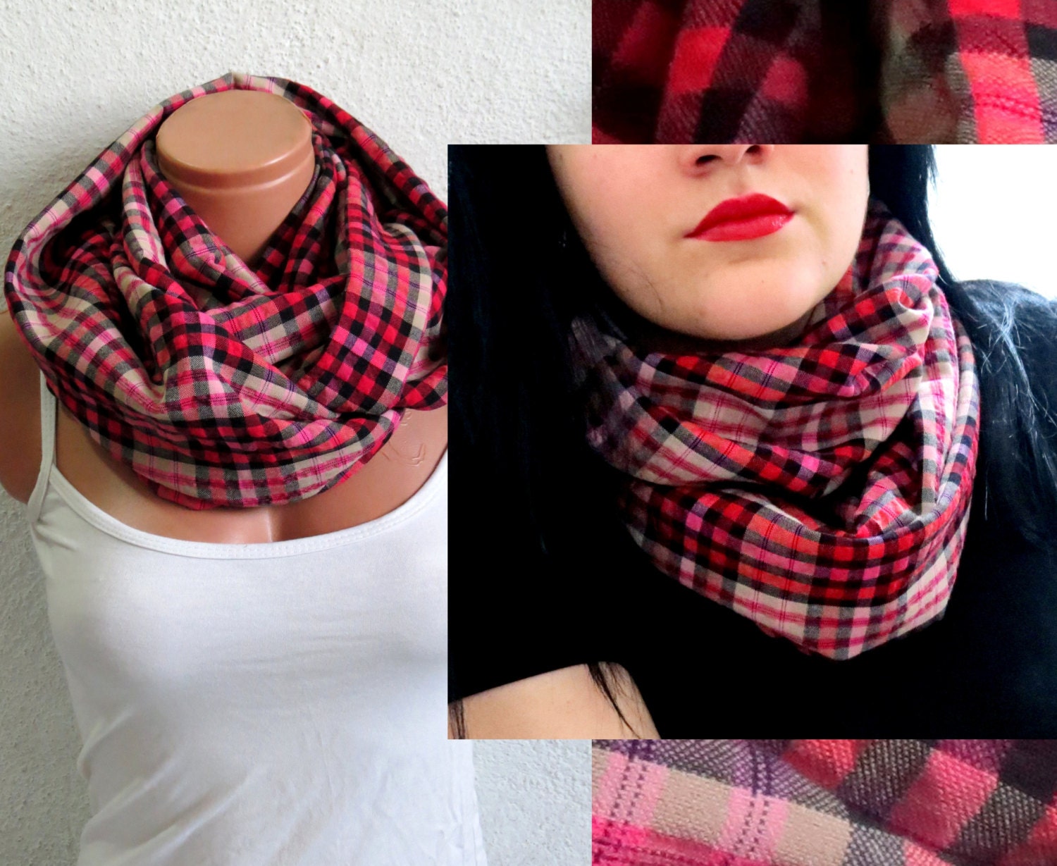 Infinity Scarf Red Plaid Print Circle Loop Scarf Women's Fashion Accessories, Fabric infinity scarf, Summer Wear