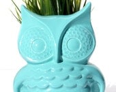 Owl Planter - Vintage Mold, Bright Turquoise Tiffany Blue Glaze, Ready to Ship