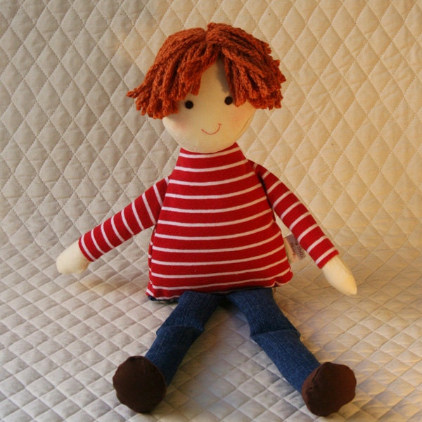 Cloth Boy Doll eco-friendly rag doll, he has bamboo yarn hair and is stuffed with bamboo fiber