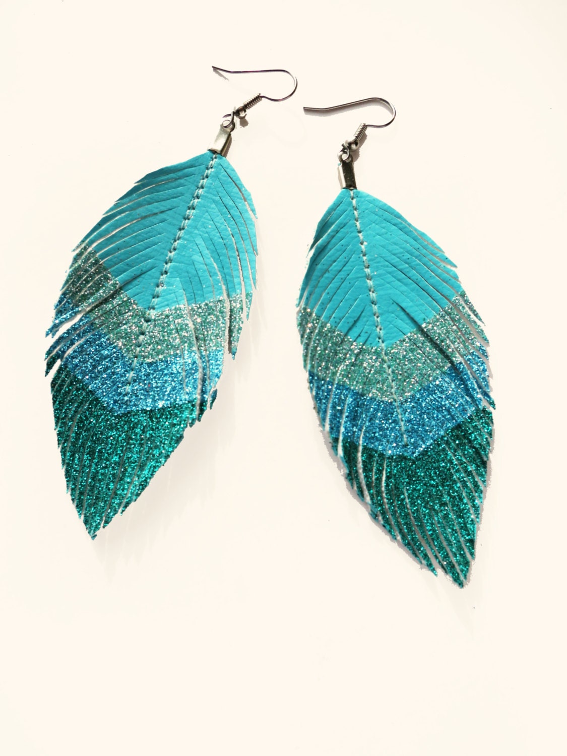 Surf Chevron - Blue Glitter Faux Leather Feather Earrings