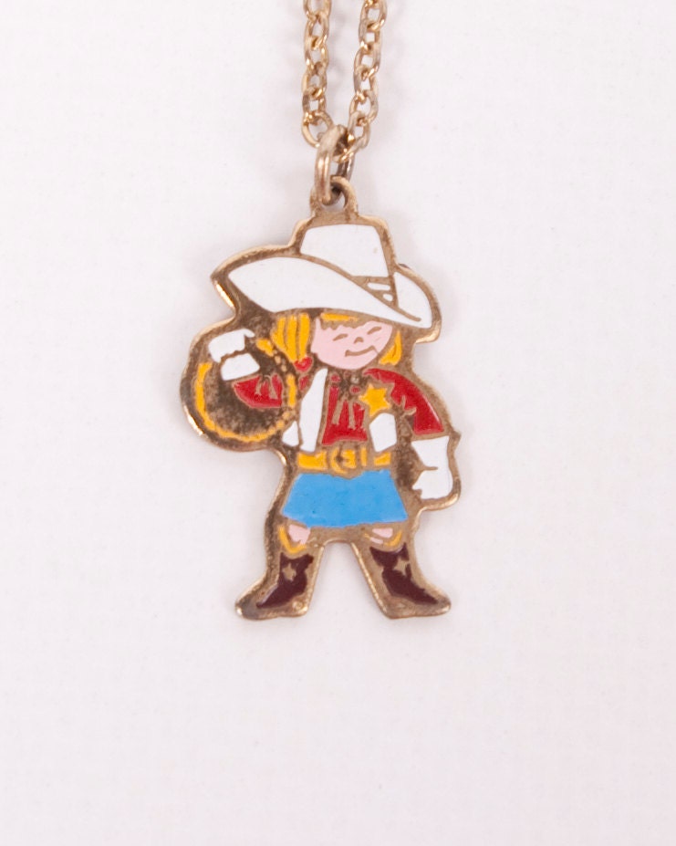 Vintage Cowgirl Necklace Child Jewelry Costume Pendant Gold Tone Enamel