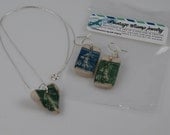 vintage french postage stamp recycled handmade jewelry set necklace earrings white polymer clay green blue boho chic summer upcyled quirky
