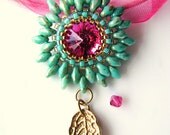 Handmade beadwork with Swarovski Rivoli and Superduo beads - Picasso Golden Leaf - Pendant - Turquoise, Fuchsia