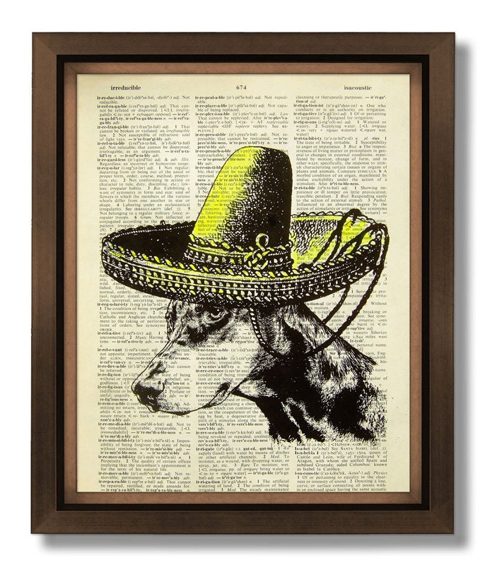 Dog Art Print Dog Print Dog Wall Decor Dog Nursery Dog illustration Dog Painting - Mexican Hat dog Hat - Dictionary print, BOOK ART PRINT