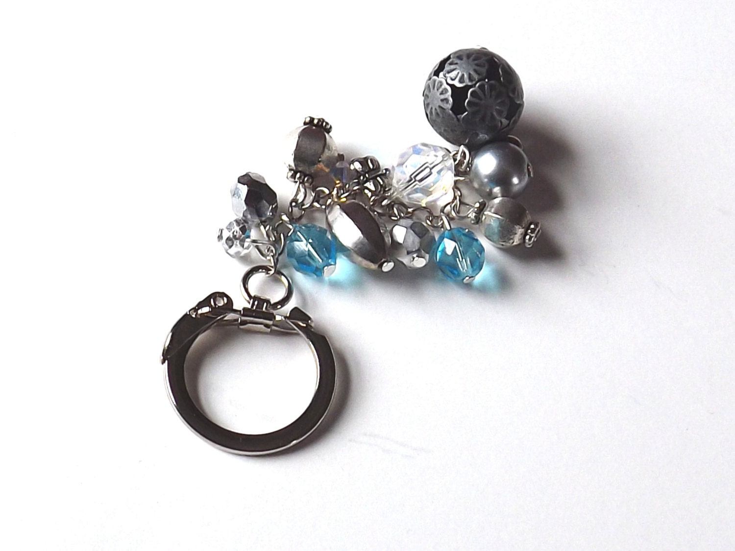 Handmade Beaded Keychain, Key Chain, Bag Charm, Accessories For Her, Bead Key Chain, Silver, Aqua Blue, Boho Chic, Women