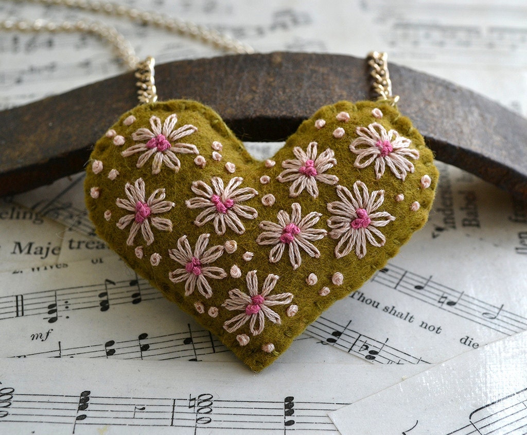 Hand Stitched Love Heart Moss Green and Pink Necklace